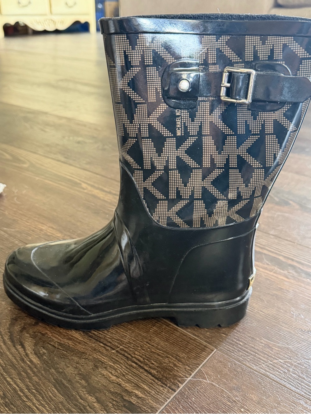 Michael Kors Black Logo-Print Rain Boots with Buckle